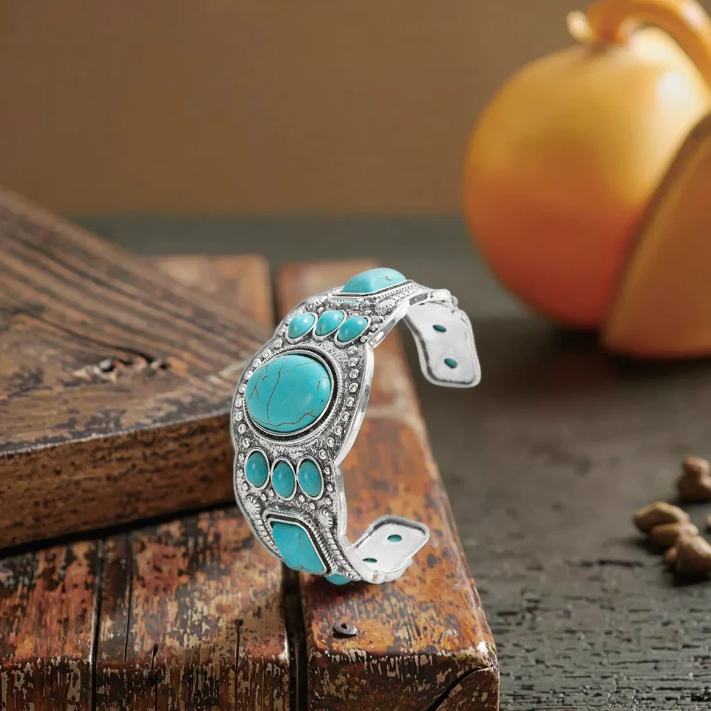 Handcrafted Wide Bangle with Turquoise Stone December Birthstone Bracelet for Daily Wear Bohoturquoise-Inspired Cuff Bracelet