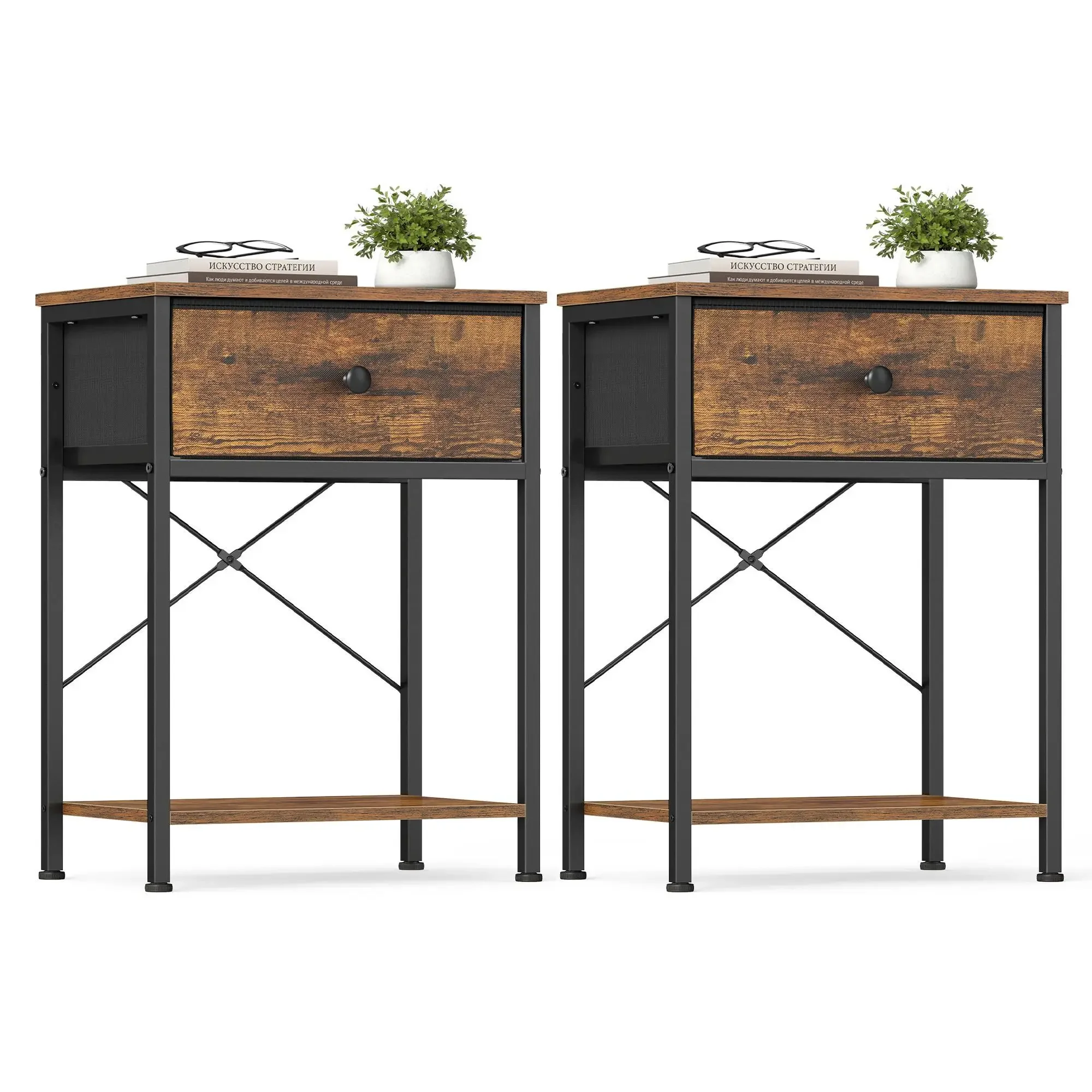Industrial Bedside End Tables Set of 2 Rectangular Nightstand with Drawers and Lower Storage Shelf Sturdy Metal Frame Modern Accent Side Table for Bedroom Living Room Furniture