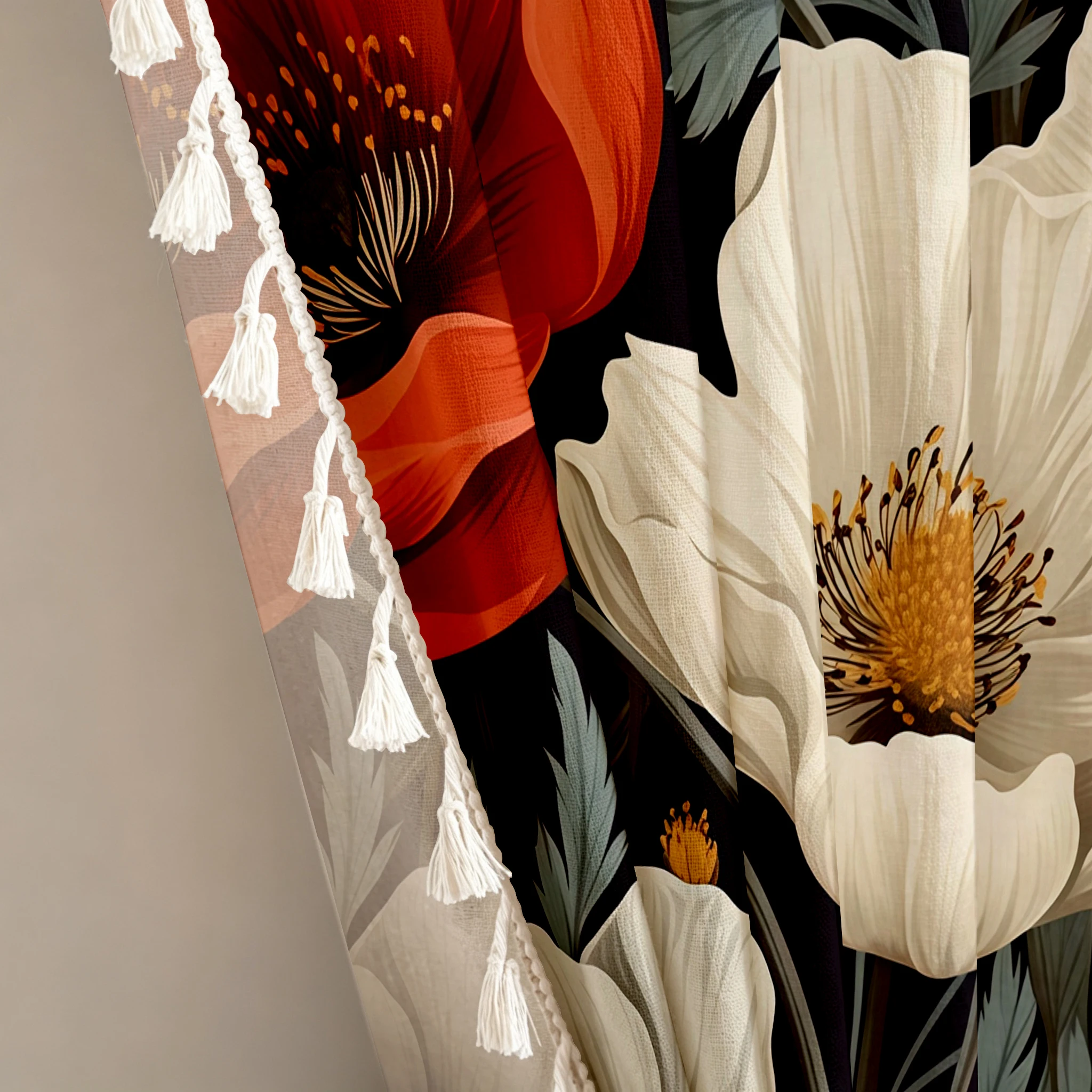 1PC Floral Tassel Sheer Curtains, Red White Poppy, Digital Print, Linen Polyester, Bedroom Living Room Kitchen, Home Decor
