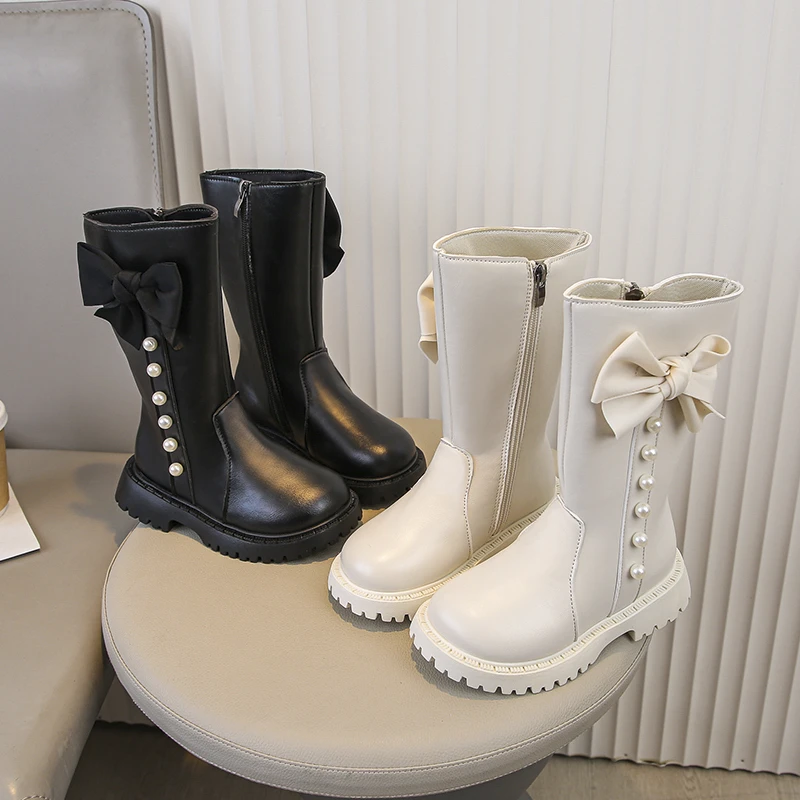 

Girls Long Boots Princess Style Big Bows Kids Mid-calf Boots Round Toes 2025 Autumn New Children Fashion Boots Side Zipper
