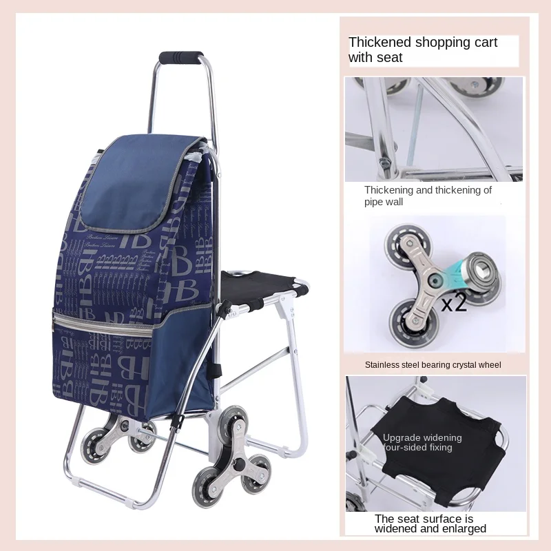 Can Sit Portable Shopping Bag with Wheels Trolley Seat Stool Tote Bag Shopping Cart Folding Climbing Stairs Storage Bags