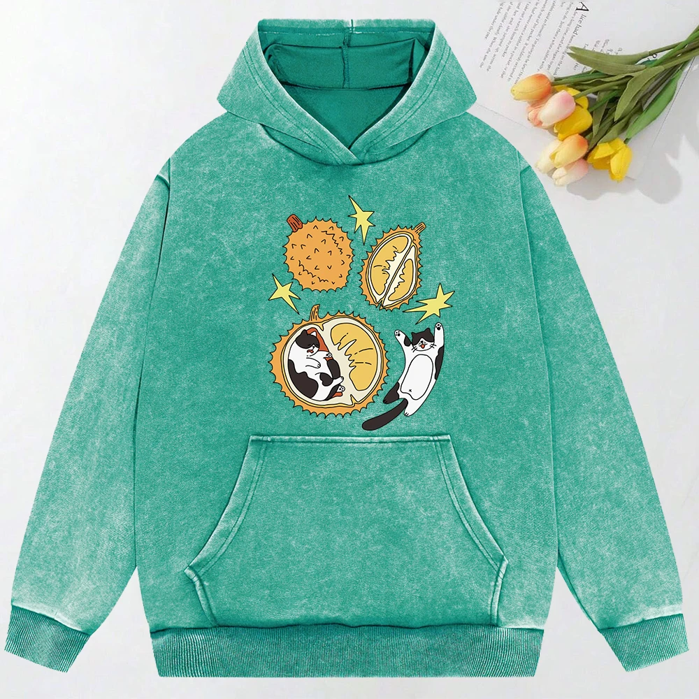 Cartoon Cat Nested In Durian Illustration Print Women Washed Hoodie Fashion Clothing Autumn Cotton Hoodies Fashion Loose Hoody