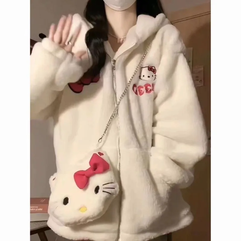 

Kawaii Hello Kitty Sanrio Student Cute Cartoon Plush Coat Children Comfortable Warm Cotton Clothes Hooded Jacket Gift for Kids