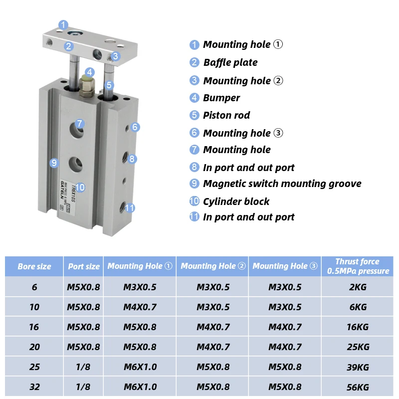 TR Series Twin-rod Cylinder Slide bearing air pneumatic cylinder TR6 TR10 TR16 TR20 TR25 TR32