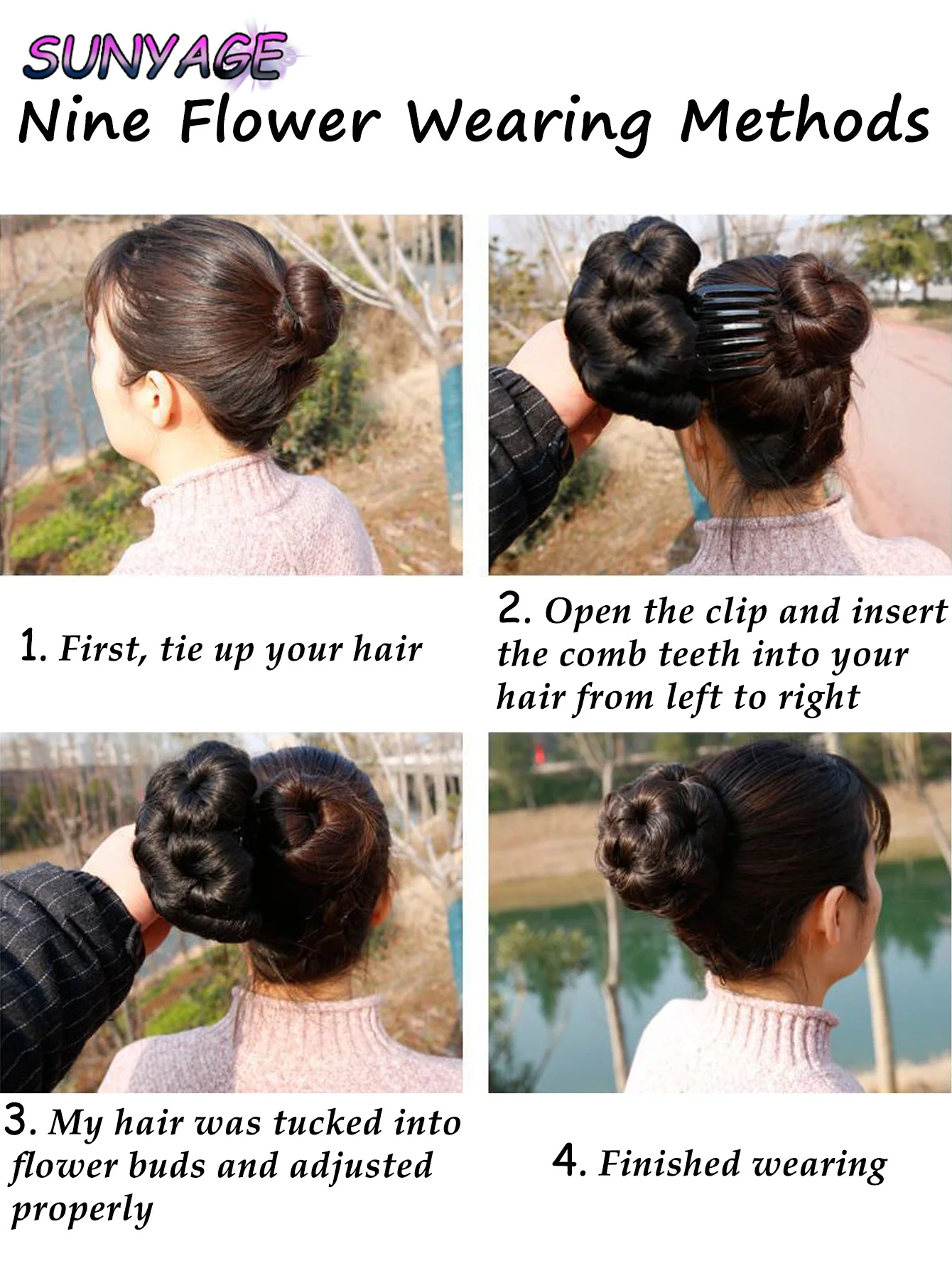 SUNYAGE الاصطناعية ارتفاع درجة الحرارة الألياف العقدة تسعة الزهور الشعر النساء مجعد Chignon كعكة الشعر دونات كليب في هيربيسي