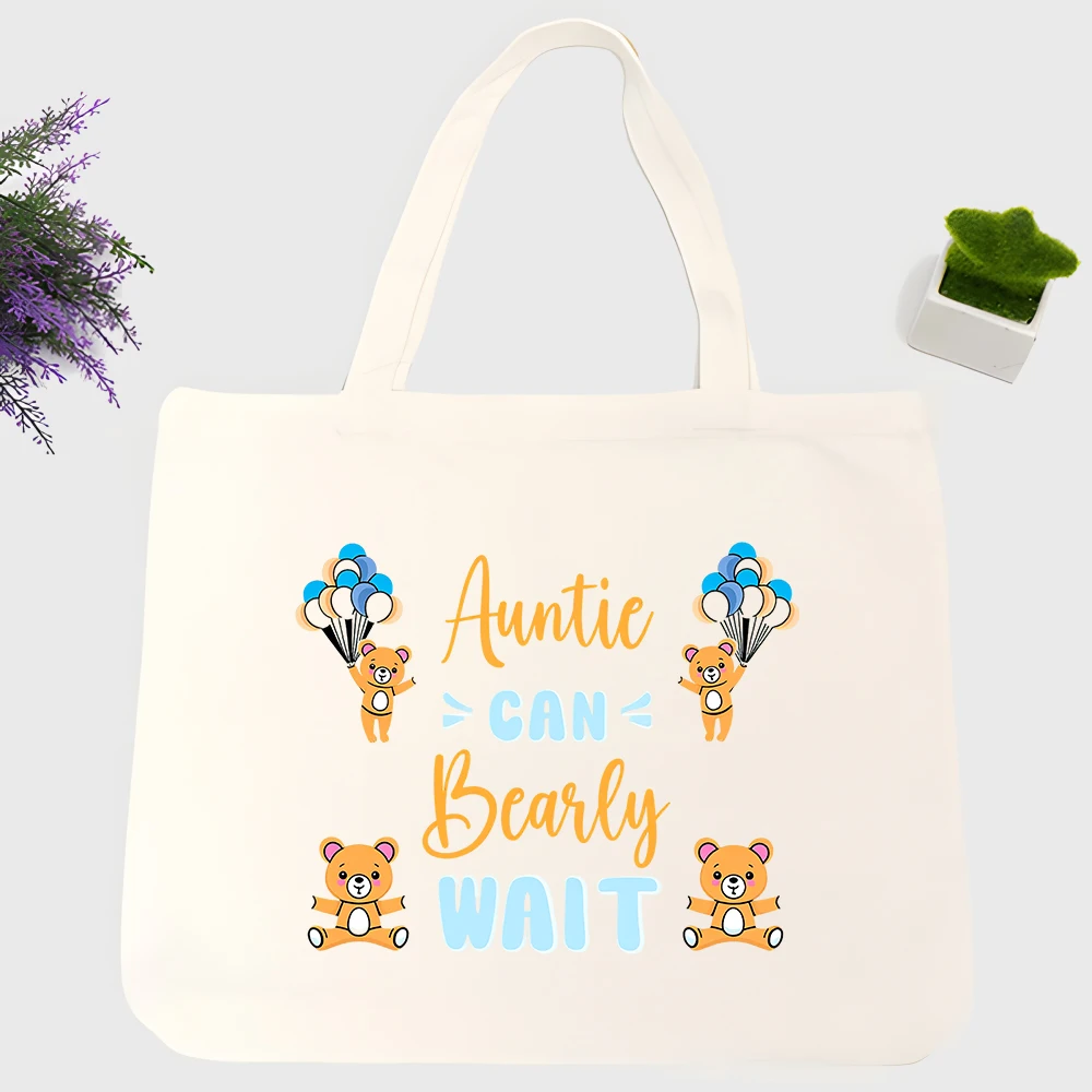 Auntie's canvas tote bag with cute bear and balloon graphics, casual style for baby shower and daily use