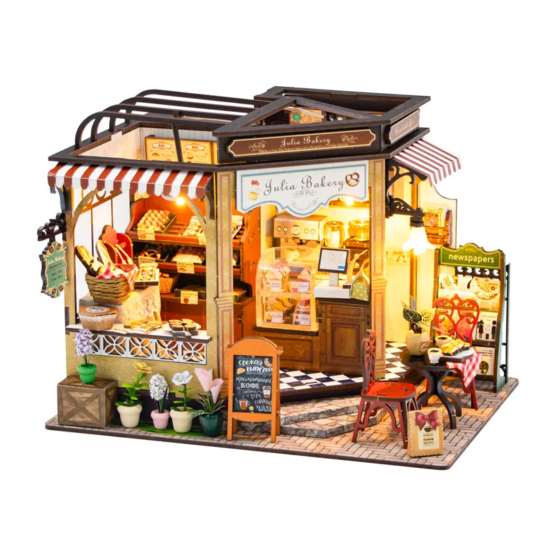 CUTEBEE Diy Wooden Julia Bakery Doll Houses Miniature Model Kit Dollhouse With Furniture Lights Cottage For Friend Birthday Gift