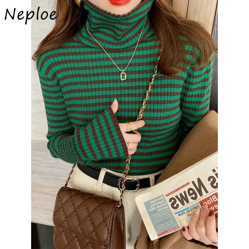 Neploe Vintage Knitted Pullover Pull Femme Turtleneck Women Stripe Contrast Color Long Sleeve Jumpers Jersey Mujer Sweaters