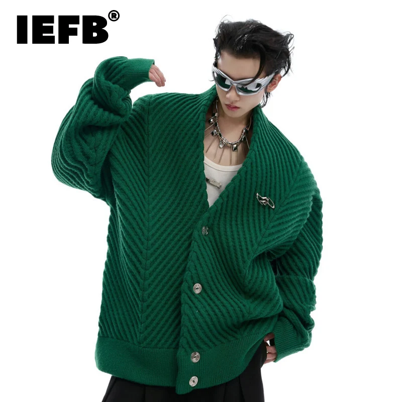 

IEFB Pattern V-neck Sweater Loose Simple Cardigan Jacket 2024 Solid Color Single Breasted Long Sleeve Male Tops Casual 24E2507