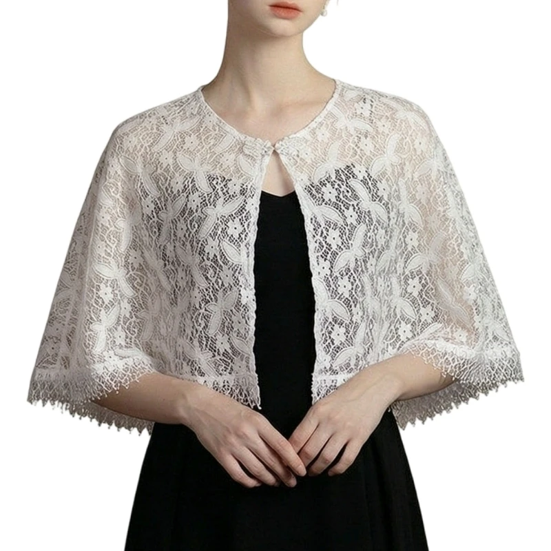 One-Size Lace Shoulder Shawl with Slight Stretch, Sleeveless Layer for Formal Dresses and Wedding Celebrations D0UB