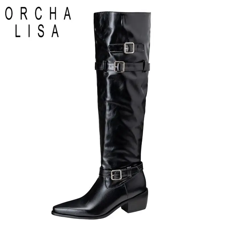 

ORCHA LISA Новый дизайн Женские сапоги до колена с острым носком на блочном каблуке 5,5 см без шнуровки с пряжками на ремне Большой размер 46 47 48 Riding Bota