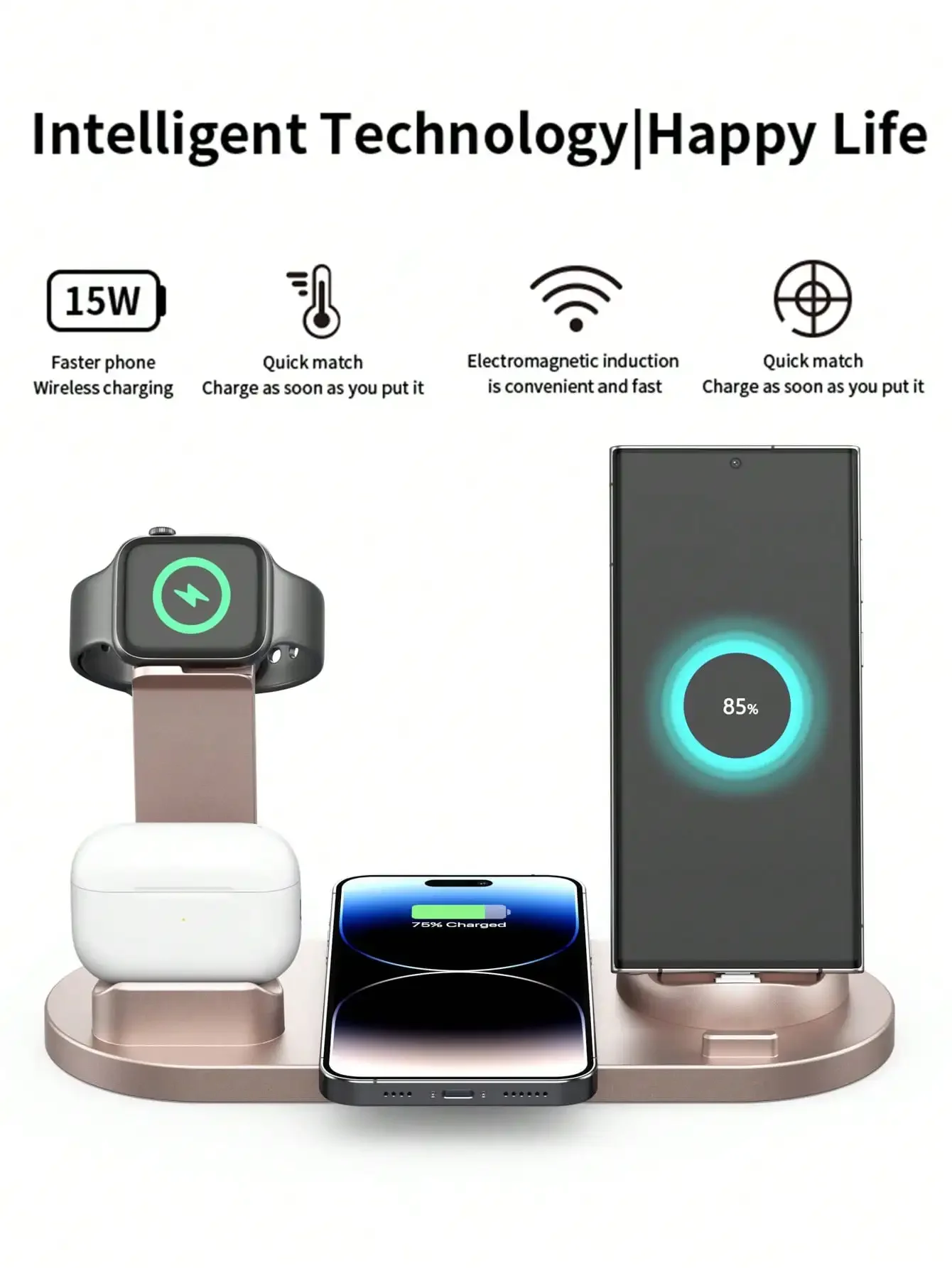 Cargador inalámbrico 6 en 1, estación de carga rápida para iPhone 15, 14, 13, 12, 11, X, Apple Watch, Airpods, teléfono de escritorio