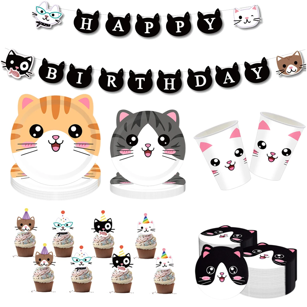 Nette Cartoon Katze Geburtstag Party Supplies Banner Einweg Geformte Pappteller Pappbecher Baby Dusche Kinder Geburtstag Party Dekor – Detail 1
