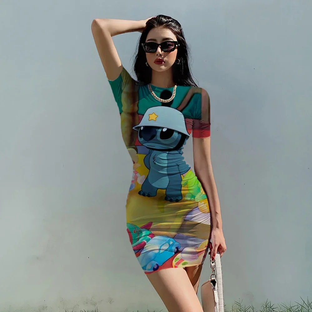 2024 Disney Stitch Cartoon Print abito attillato Sexy Summer Fashion Bag Hip Beach Party High Street Dresses Everyday Dress