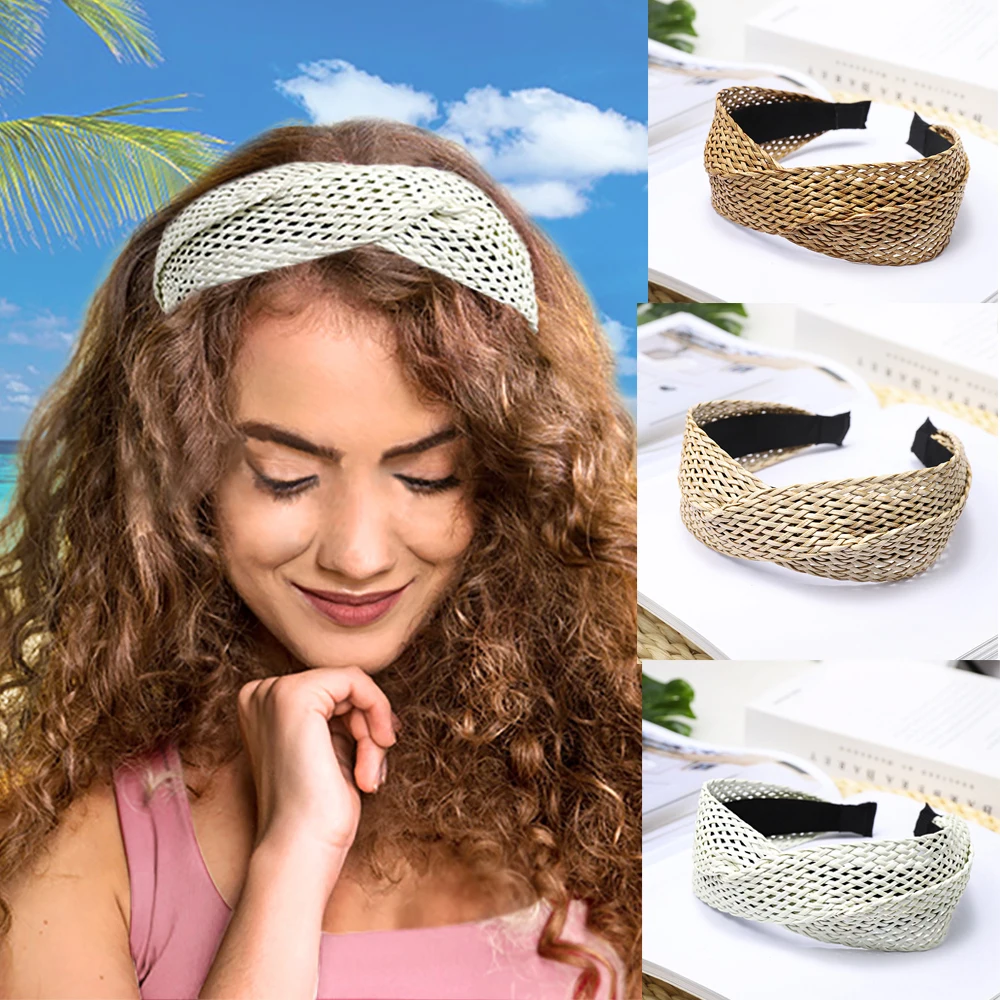

Summer Beach Wide-brimmed Straw Weaving Headband Women Hand-woven Hair Hoop Cross Knotted Fashion Hairband Bohemian Hairband HOT