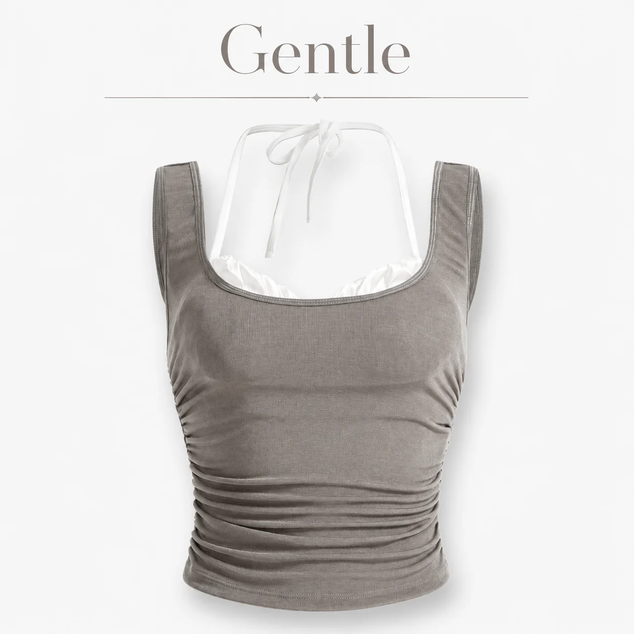 Contrast 2-in-1 Halter Top Women's Grey Side Ruched Bustier Women Form Fitting Square Neck Cropped Tank Top