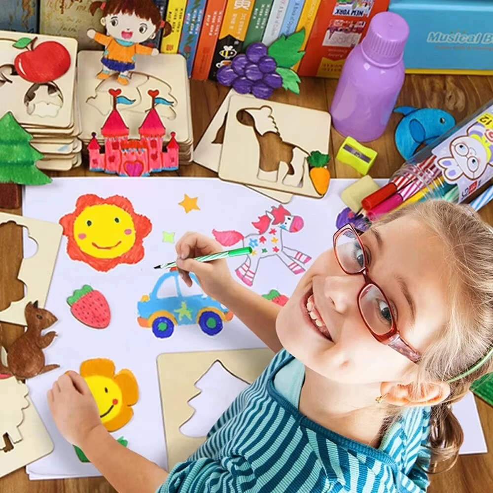 Jouets de dessin Montessori pour enfants, 20 pièces, modèle de peinture en bois, pochoirs, jouets éducatifs d'apprentissage, cadeau pour enfants