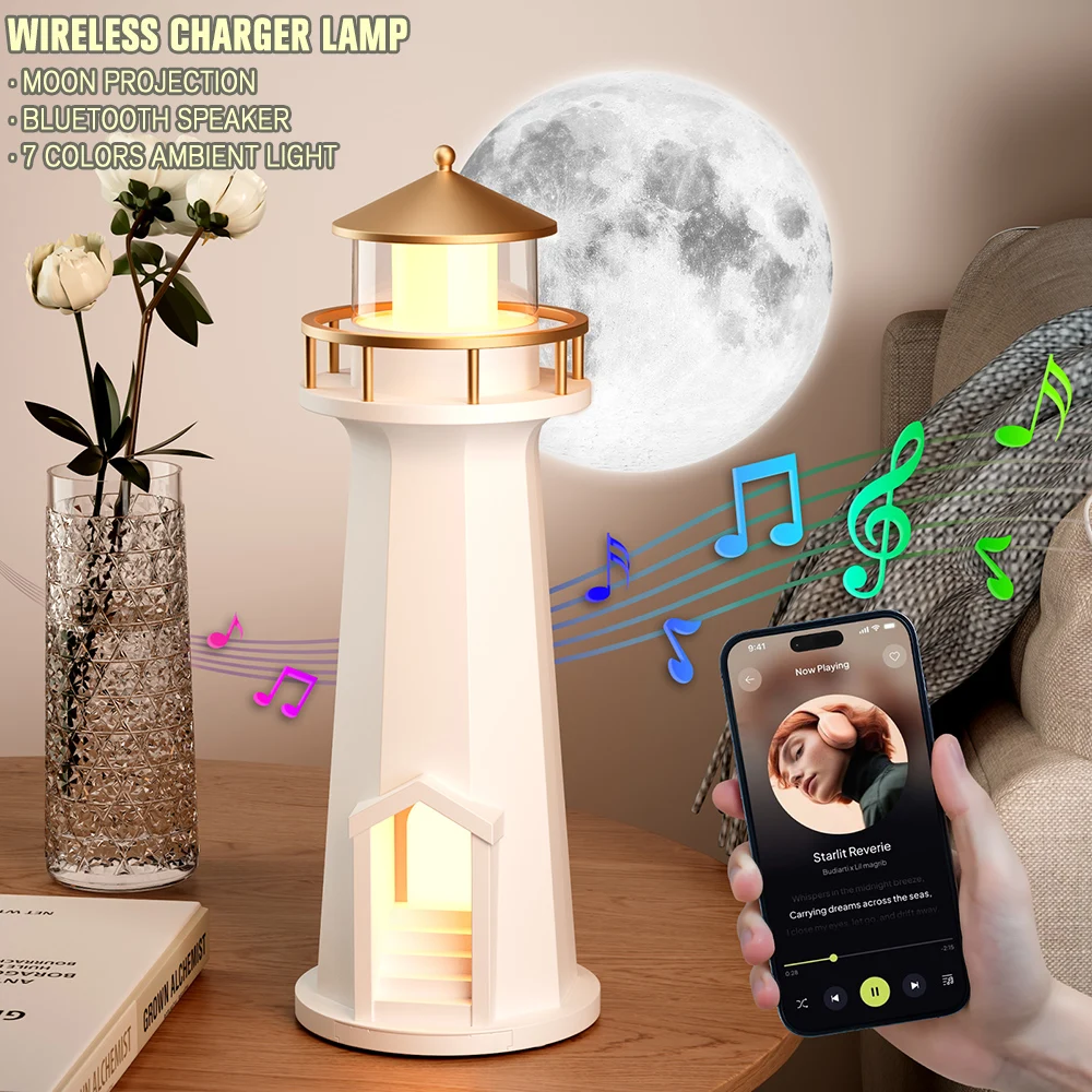 Moon Projection Lamp Wireless Charger Lighthouse Night Light Bluetooth Speaker Sound Rhythm Beacon Ambient Lights Holiday Gifts