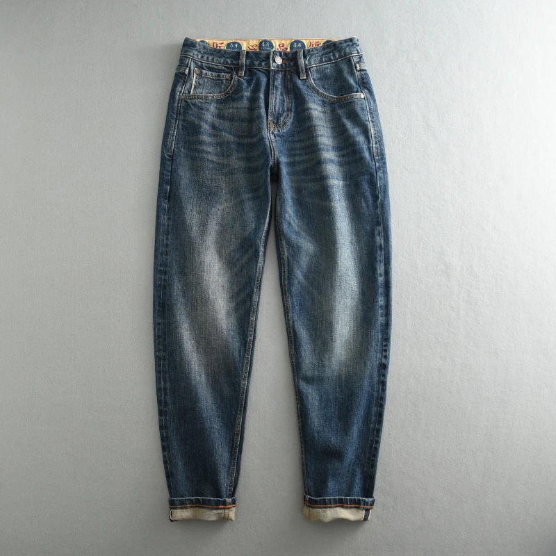 Vintage wear-resistant jeans for men texture pulled full of red hem loose straight leg straight foot pants for men fall