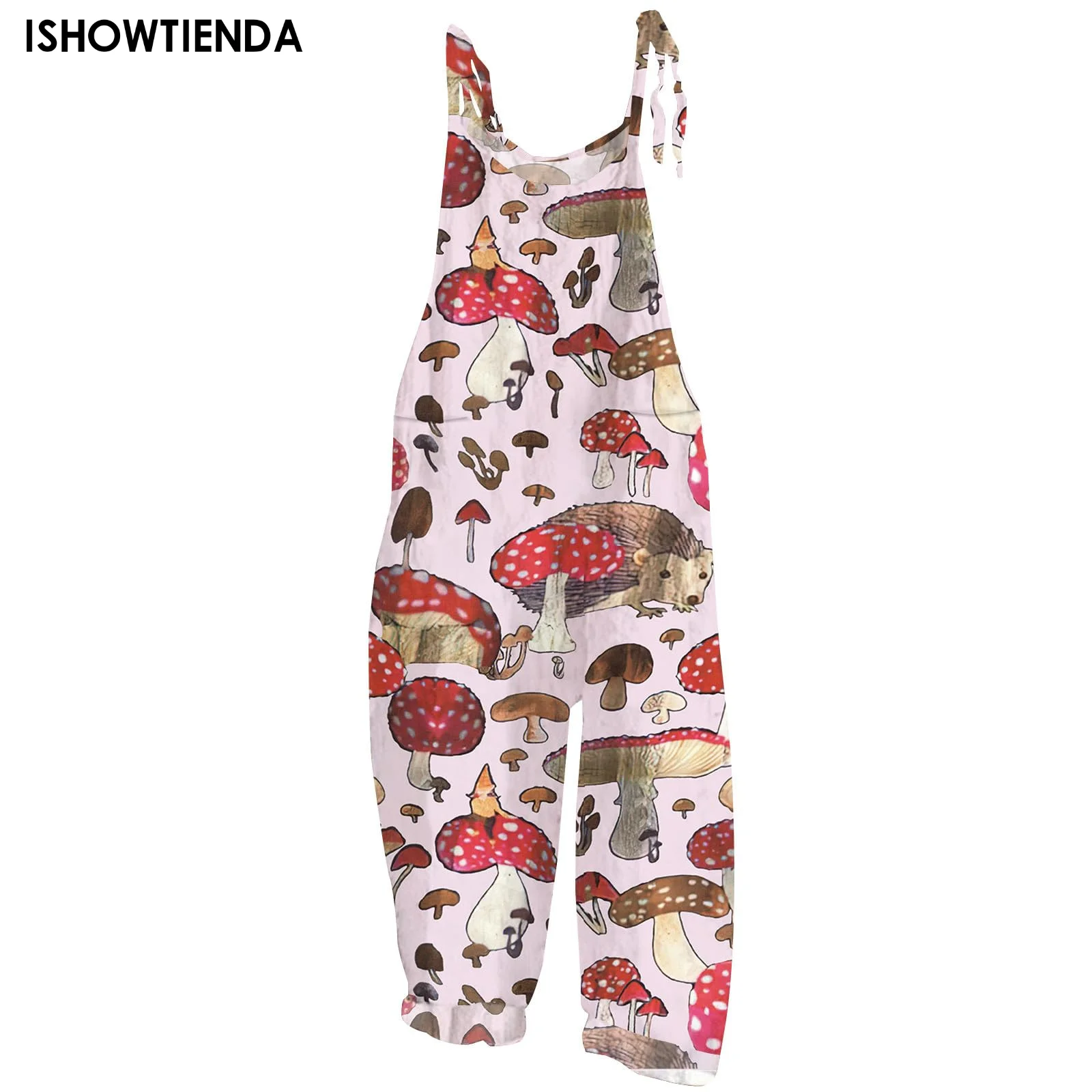 Vintage Strappy Jumpsuit Sleeveless Strappy Jumpsuit Vintage Ethnic Style Women's Jumpsuit Sweet mushroom print Little Fresh