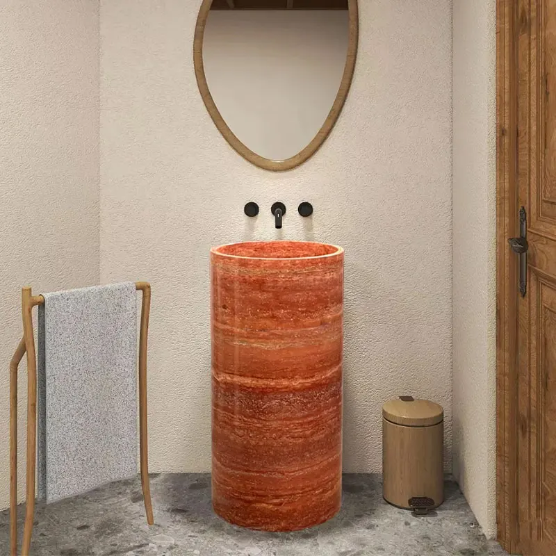 Modern simple natural marble travertine column basin integrated floor art washbasin