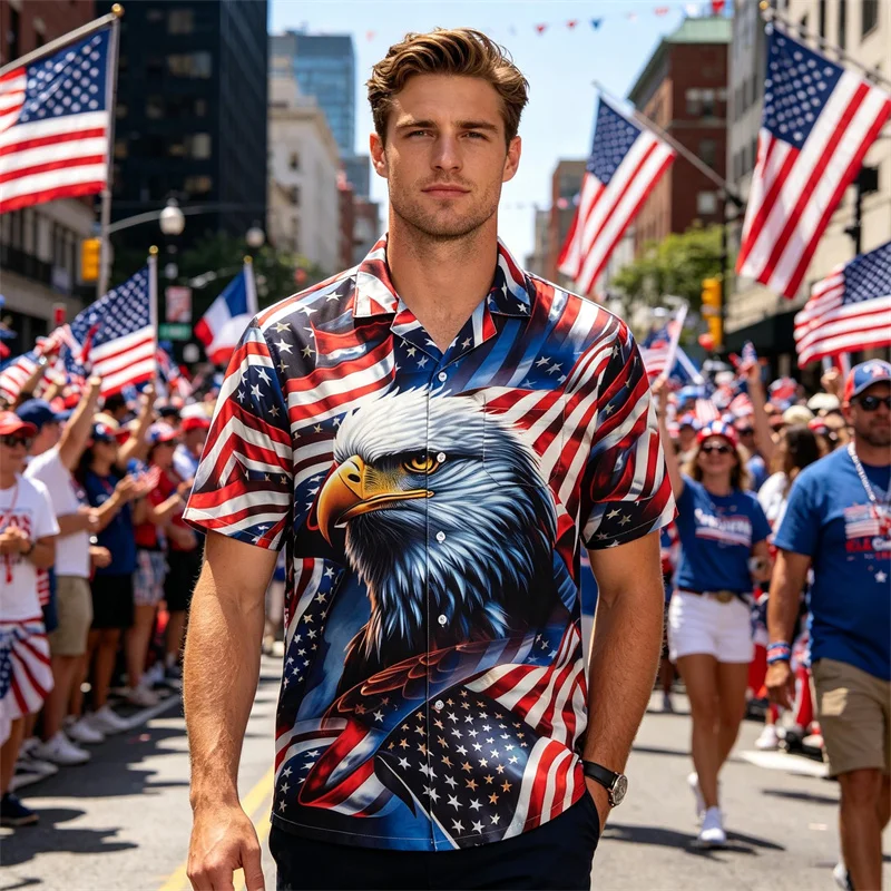 America 250th Outdoor Street Funny Casual Flag Print Shirt For Men Graffiti Style Short Sleeve Loose Shirts Patriotism And Pride