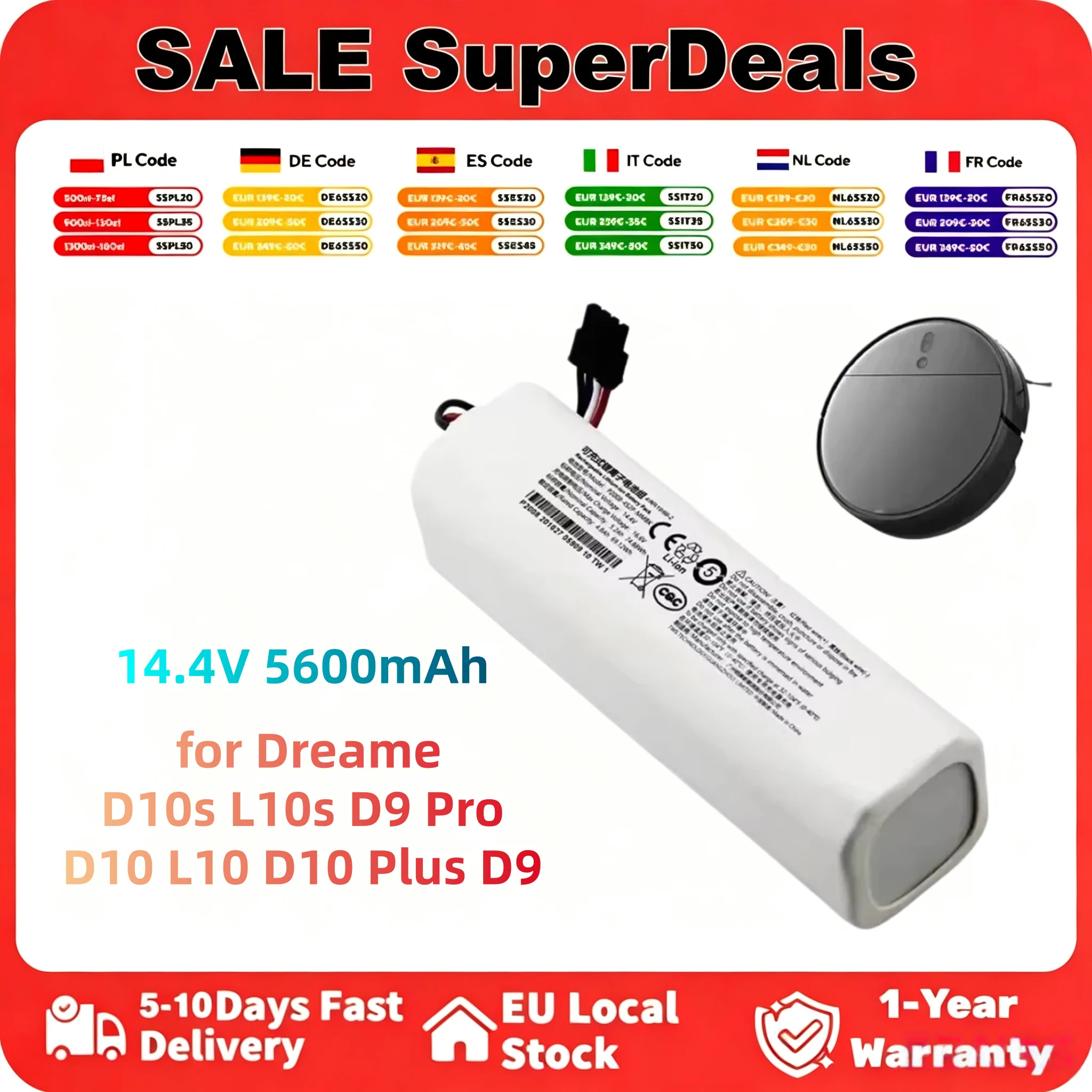 14,4V 5600mAh P2008-4S2P-MMBK Ersatzakku für Dreame D10s L10s D9 Pro D10 L10 D10 Plus D9 Max W10 Pro W10 Staubsauger