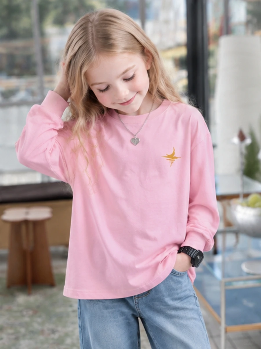 Girls Long Sleeve T-shirt 100% Cotton Cute Pink Lucky Flower  Chest Print Crew Neck Loose Casual Kids Autumn Basic Tee