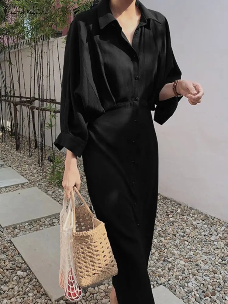 ZANZEA Women Elegant Long Sleeve Shirt Dress Spring Sundress Fashion Lapel Neck Button Robe Solid OL Office Vestidos Oversize