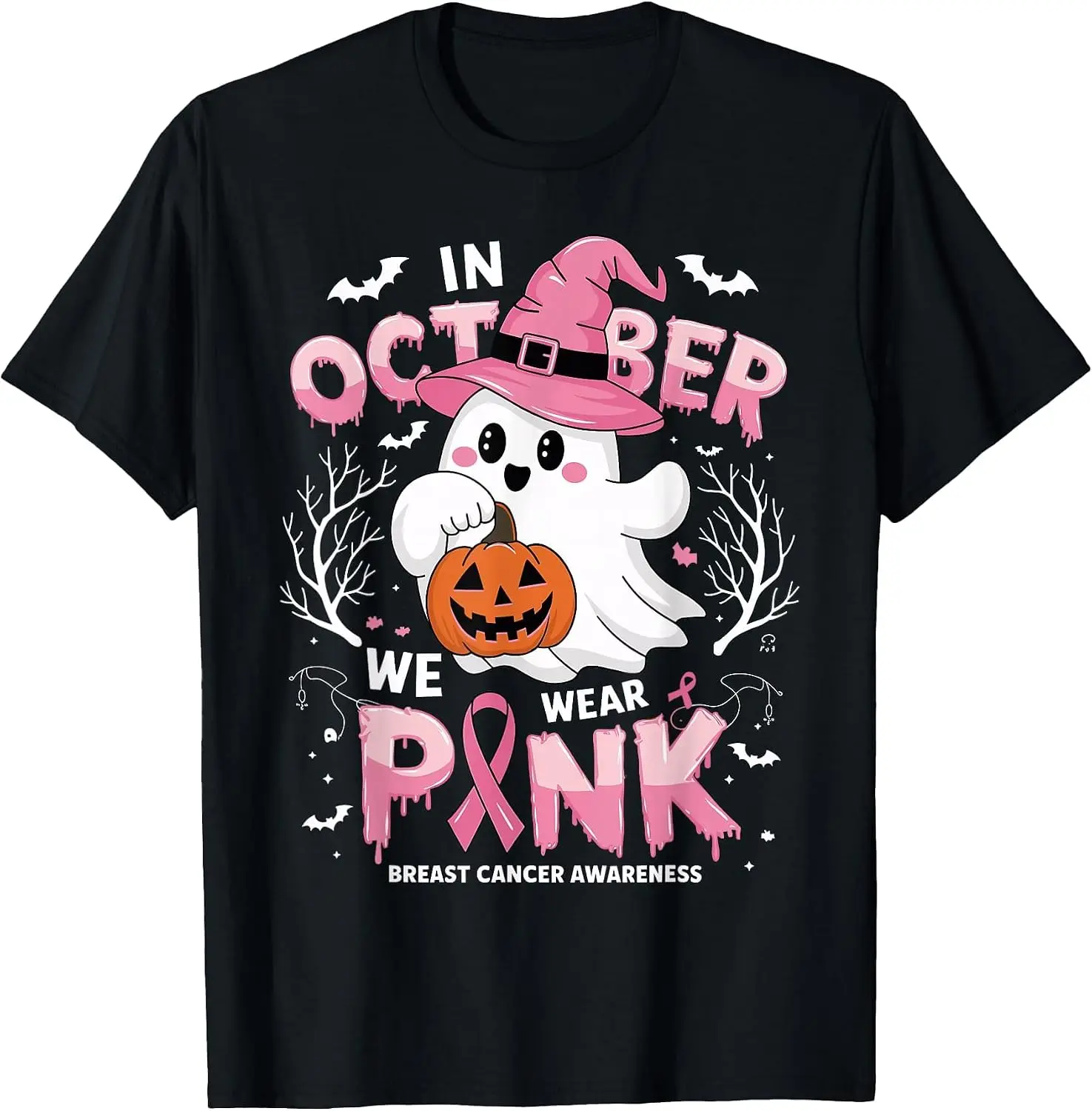 In October We Wear Pink Shirt Ghost Breast Cancer Awareness T-Shirt Halloween Loose-Fit Pure Cotton Short-Sleeve Top – Stylish, Breathable, Plus-Size – Christmas Gift