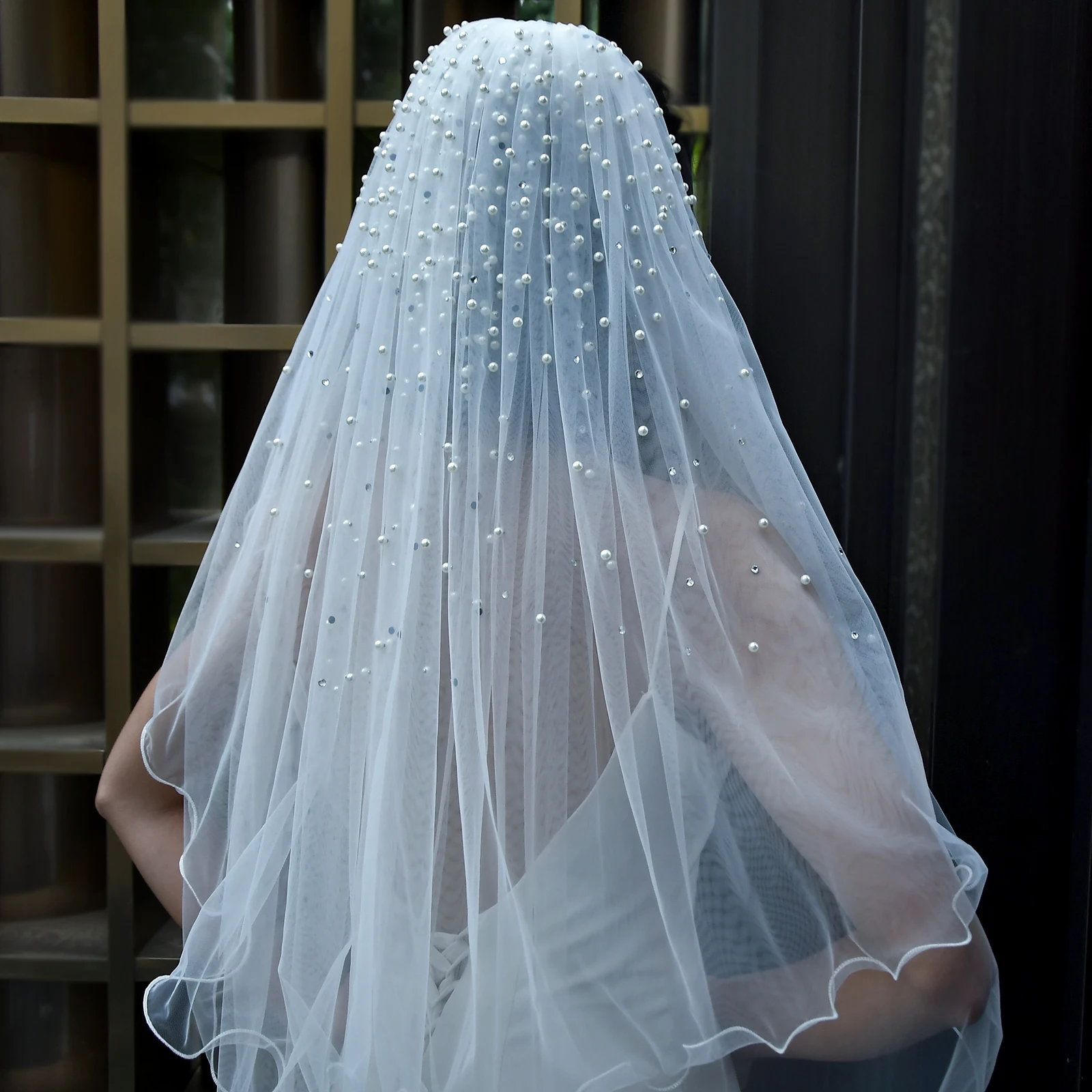 

MZA32 2 Tier Wedding Veil with Blusher Pearls Bridal Veils Elbow Length Wave Pencil Edge Soft Wedding Accessories for Bride