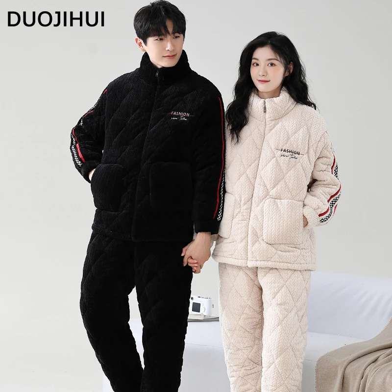 DUOJIHUI New Couple Clothes Pure Color Female Pajamas Set Chic Pocket Cardigan Basic Pant Loose Fashion Casual Pajamas for Women