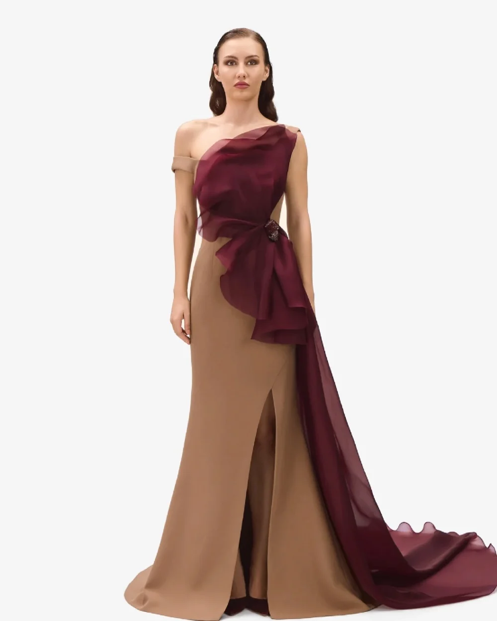 

Коричневые современные стильные джерси со складками, рюшами и бисером, расшитые блестками, длинные платья русалки с открытыми плечами, вечерние платья, мода