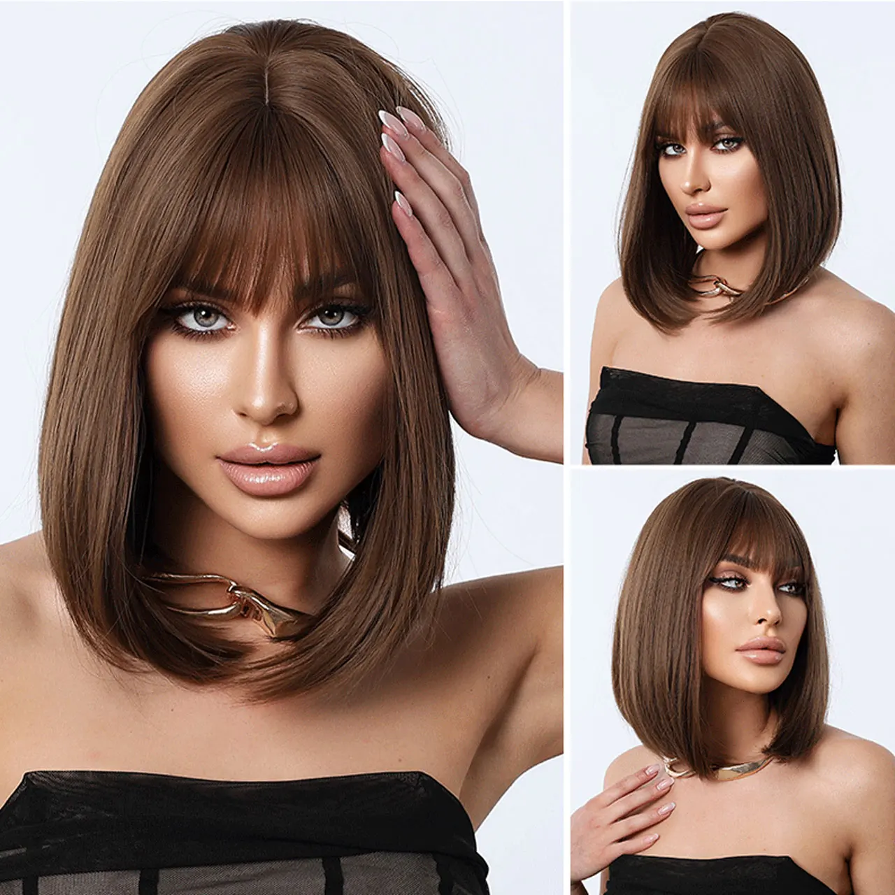 JOVIA Brown Bob Wig With Bangs Heat Resistant Matte Synthetic Rose Net Breathable Hair Natural Short Wigs For Women Cosplay