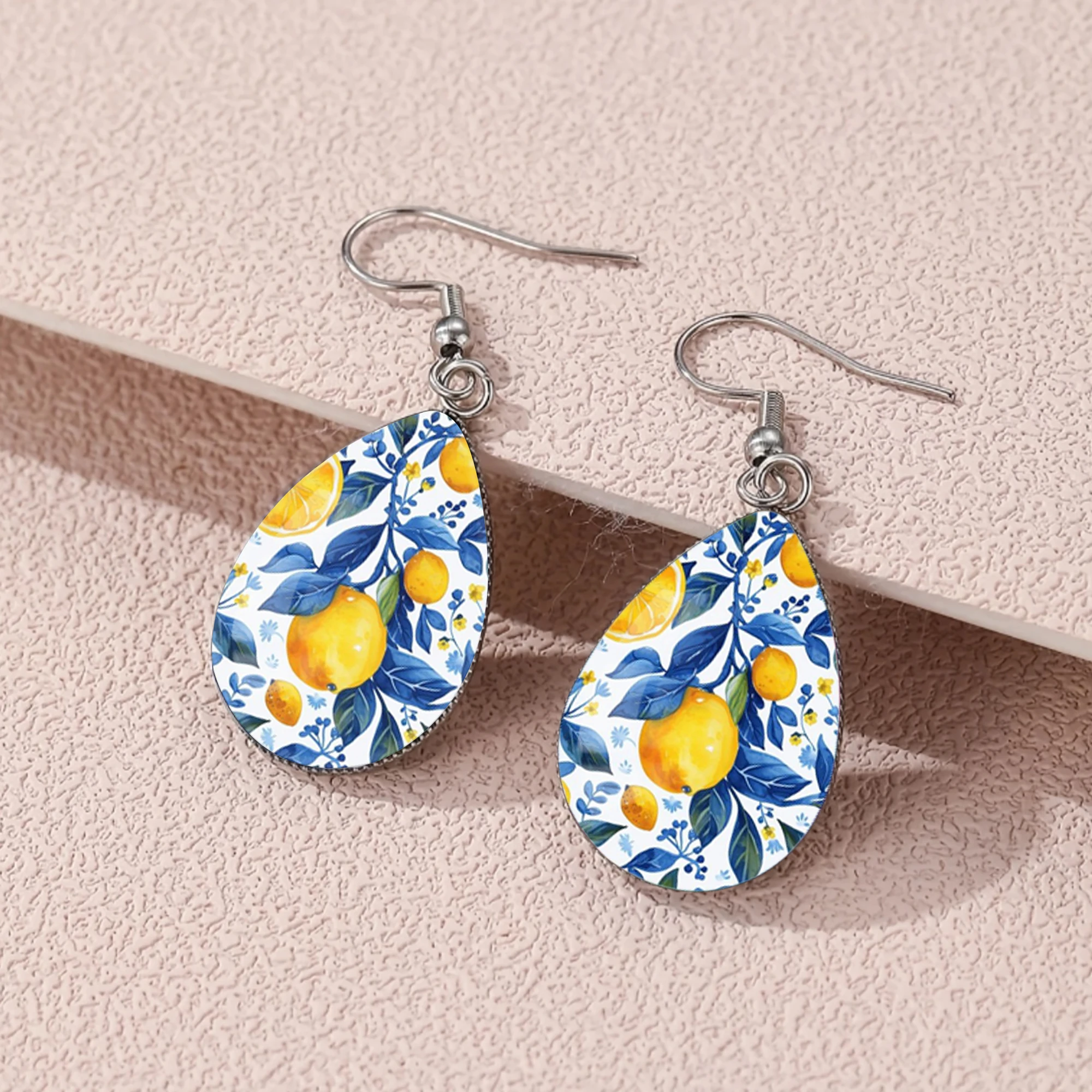 1 Pair of Blue and Lemon Yellow Patterned Earrings with Convex Glass and 316 Stainless Steel Water Drop Ear Hooks, Featuring an Elegant and Simple Style Suitable for Women to Wear as Jewelry or Gifts in Their Daily Life