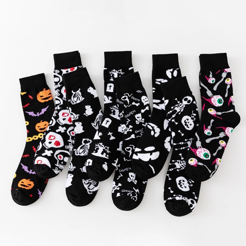 1/8 Paar Unisex-Halloween-bedruckte Mid-Tube-Socken, modischer Totenkopf-Kürbis, schweißabsorbierend, atmungsaktiv, für alle Jahreszeiten, Freizeitsocken – Detail 6