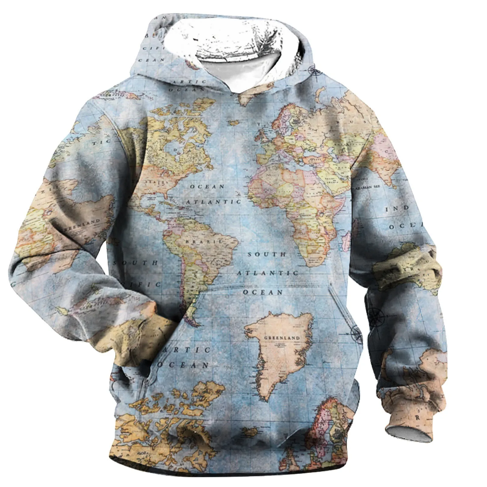 World Map Graphic Hoodies Men'S Long Sleeve Oversized Pullover Sweatshirt Tops Full Print Vintage Male Autumn Hooded Streetwear