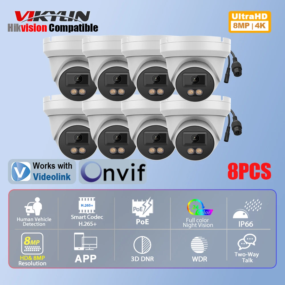 

Vikylin Hikvision Compatible 8MP Full Color Turret IP Camera Two-Way Audio Huma-vehicle Detection Outdoor Video Surveillance poe
