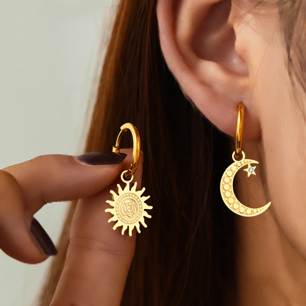 Stainless Steel Earrings Vintage Elegant Sun Moon Crystal Dangle Earrings Trendy Exquisite Earrings For Women Jewelry Party Gift