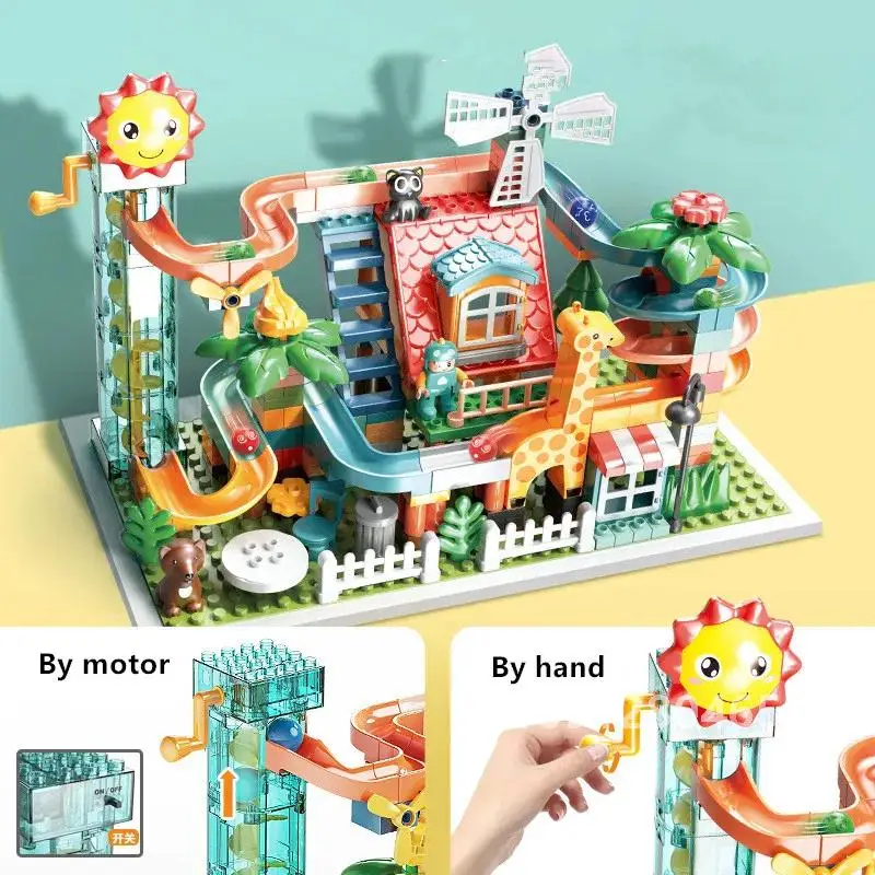 Marble Run ไฟฟ้าเกลียว Lift ล้อ Roller Coaster บันได Paino สัตว์สไลด์ชิ้นส่วนใช้งานร่วมกับบล็อกอาคารขนาดใหญ่ของเล่น