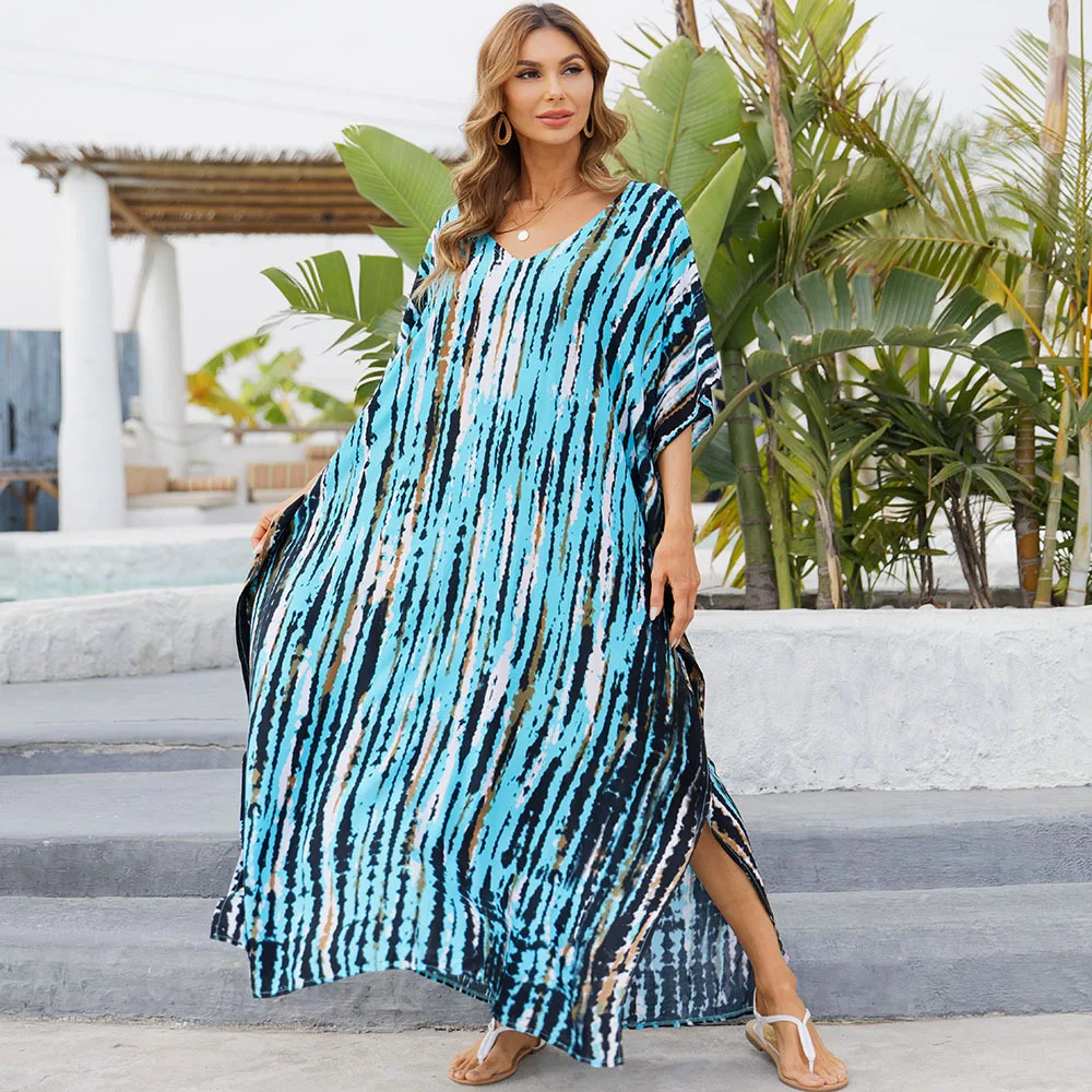 Hot Women's Beach Cover Up Quick Drying Printed Loose Fitting Dress Vacation Robe Beach Skirt Sun Protection Shirt