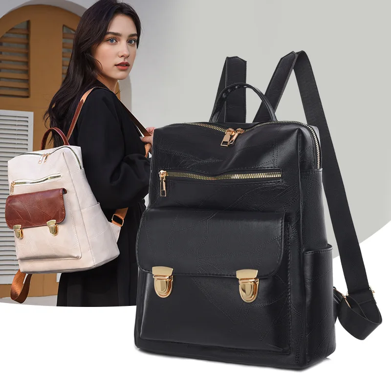 Vertical square PU leather women's backpack, retro patchwork commuting student schoolbag, large-capacity computer backpack