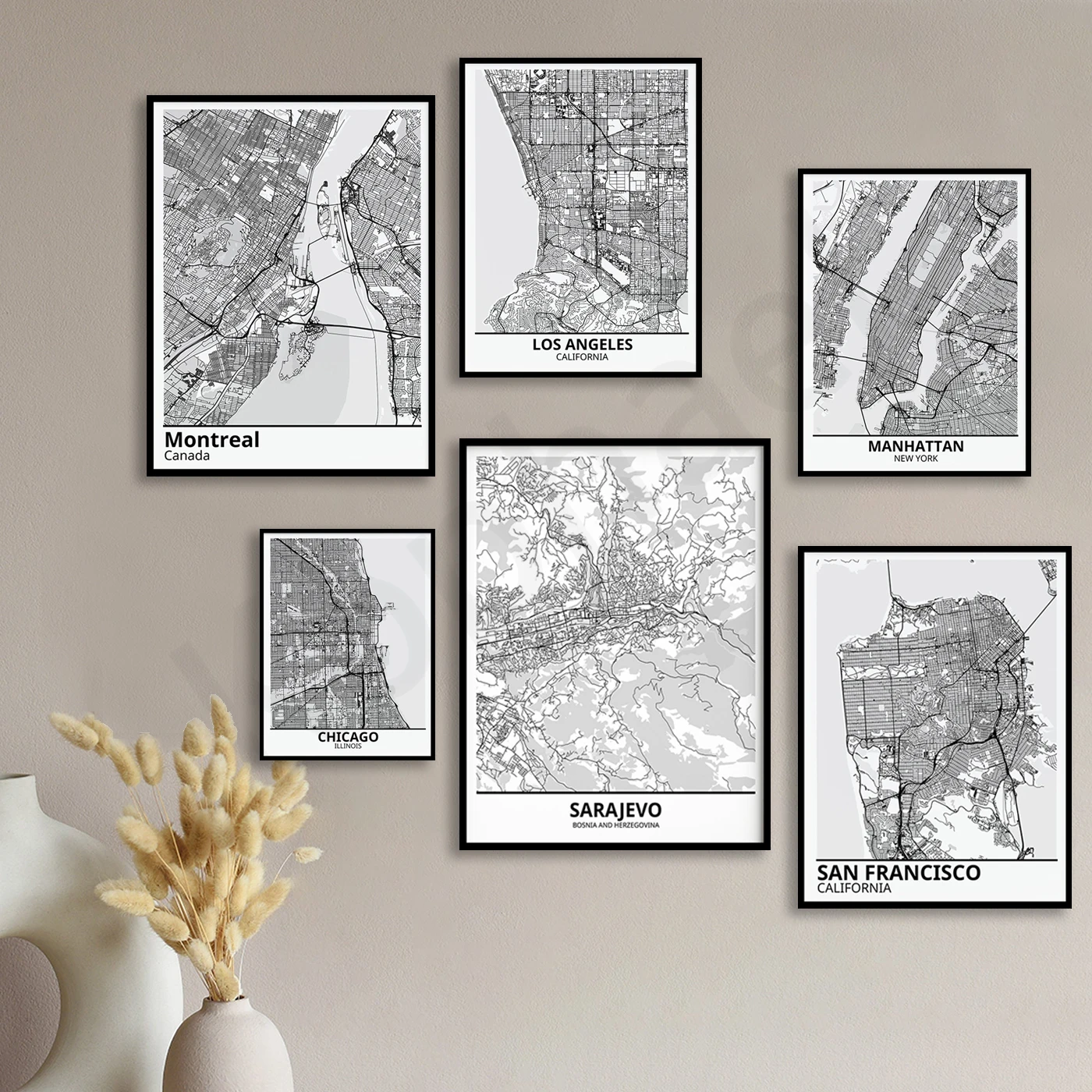 Sarajevo Chicago San Francisco Manhattan Los Angeles Montreal Vancouver Prairie Airdrie. City Map Poster