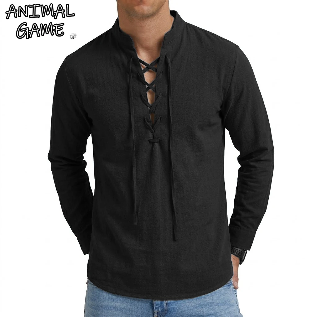 

Men's Fashion Long Sleeve Shirts Beach V-Neck Drawstring Renaissance Costume Halloween Viking Tshirts Casual Shirts for Men