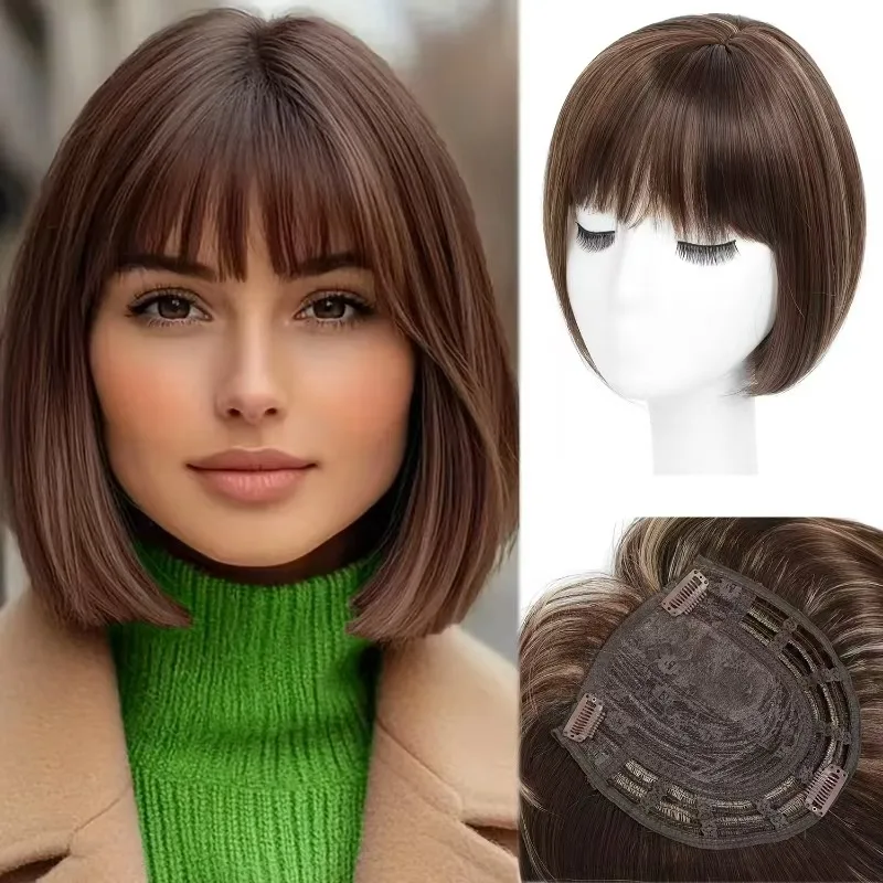 10inch Synthetic Fiber Wig Women's Bobo Short Straight Hair with Bangs Fashion Black High Temperature Silk Full Head Cover Wig