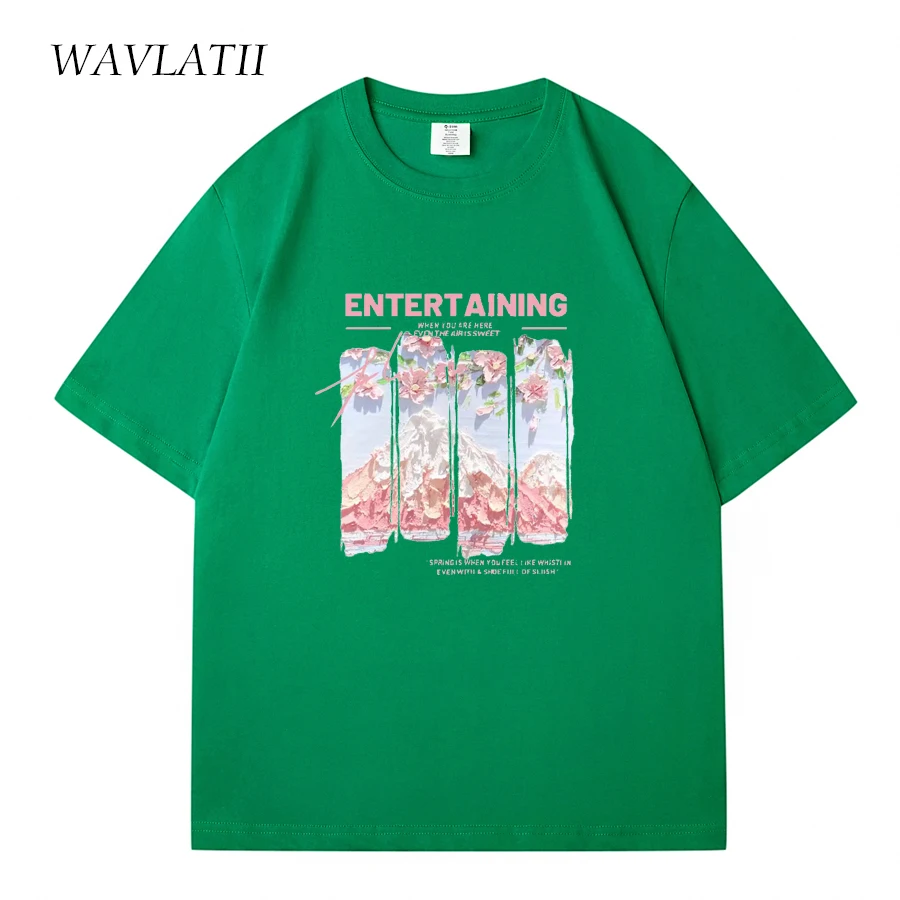 WAVLATII New Women Purple Soft Cotton T shirts Female Green Streetwear Summer Tees Lady Casual Printed Short Sleeve Tops WT2330