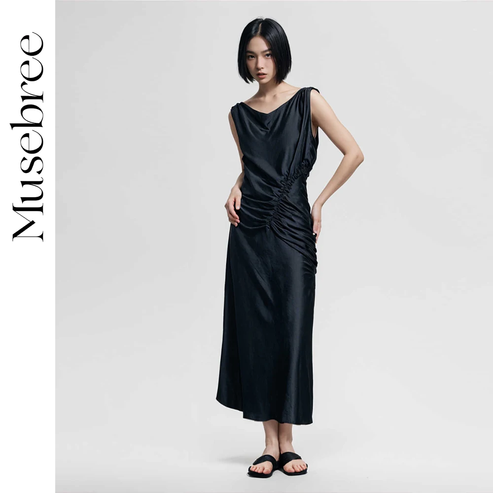 

Musebree Women's Waist Pleated Design Long Dresses Ladies Girls Simple Black Sleeveless Dress Summer Dress Women Clothing