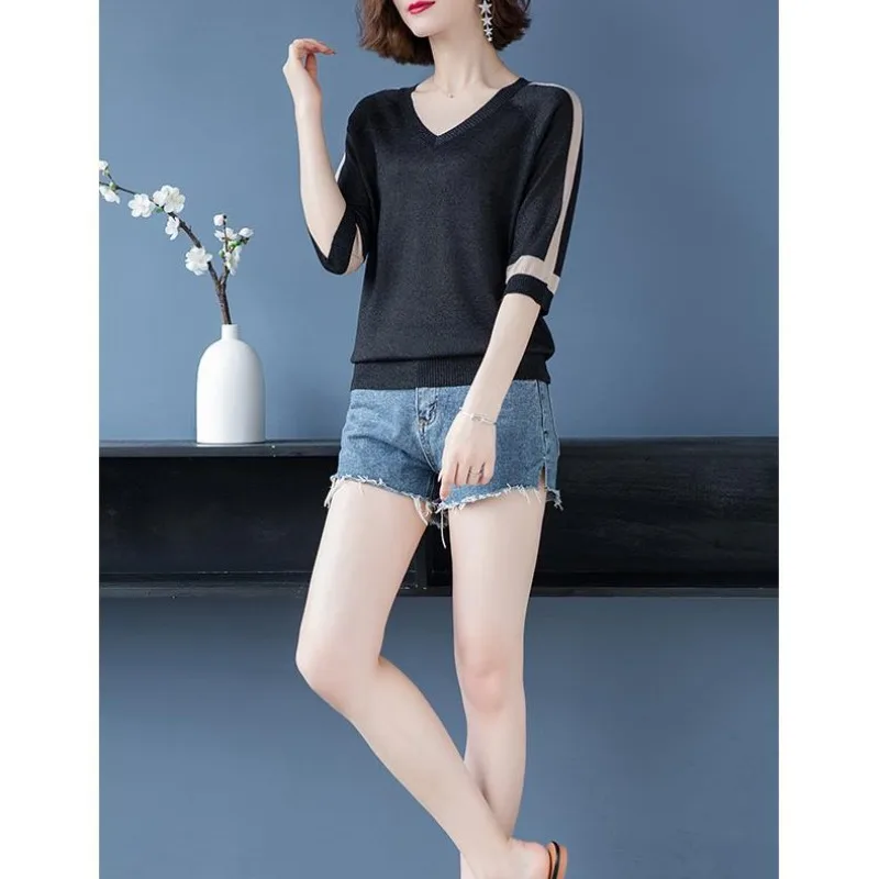 Temperament Summer Thin Women\'s Contrast Color Bright Silk Screw Thread Ice Silk Fabric Simple Half Sleeve Loose Knitted Tops