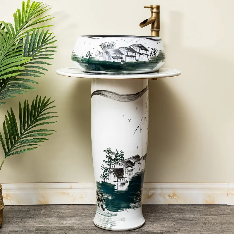 

Hand drawn art ceramic column basin, household bathroom column basin, courtyard floor standing basin, basin