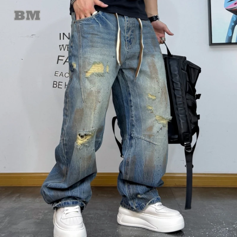 

American Vintage Distressed Ripped Jeans Men Straight Leg Washed Denim Casual Streetwear Korean Hip Hop High Quality Pants Male